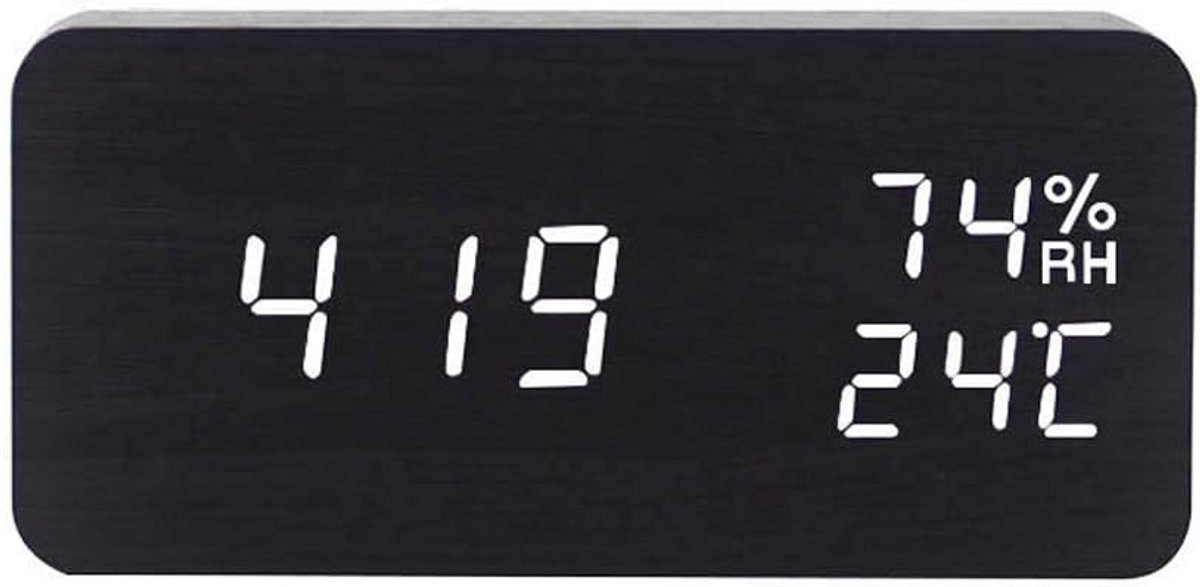 Digitale Wekker Hout met LED Display, Tijd, Temperatuur & Geluidscontrole