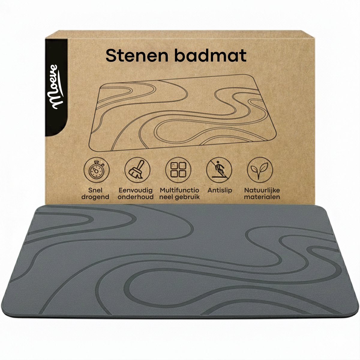 Moeve Diatomite Badmat - Sneldrogende Douchemat - 60x40cm - Antislip - Absorberende Badkamermat - Diatomiet - Stenen Badmat - Grijs