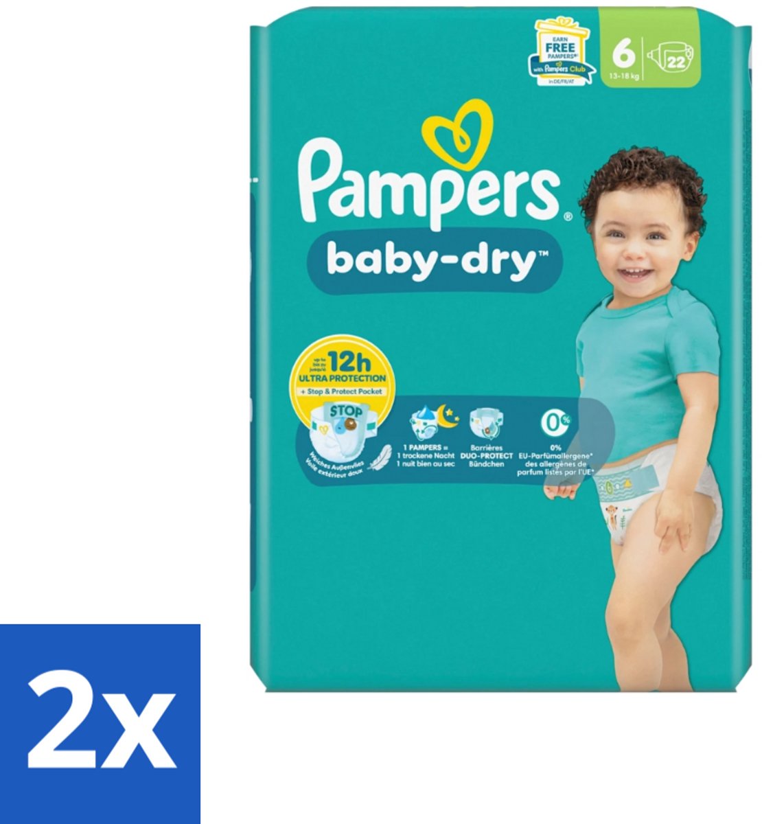 2 x Pampers – Luiers – Baby Dry Maat 6 – 22 Luiers - Baby Luier - Droge Luier - Luier Voor Baby - Luier Maat 6 - Lekbescherming