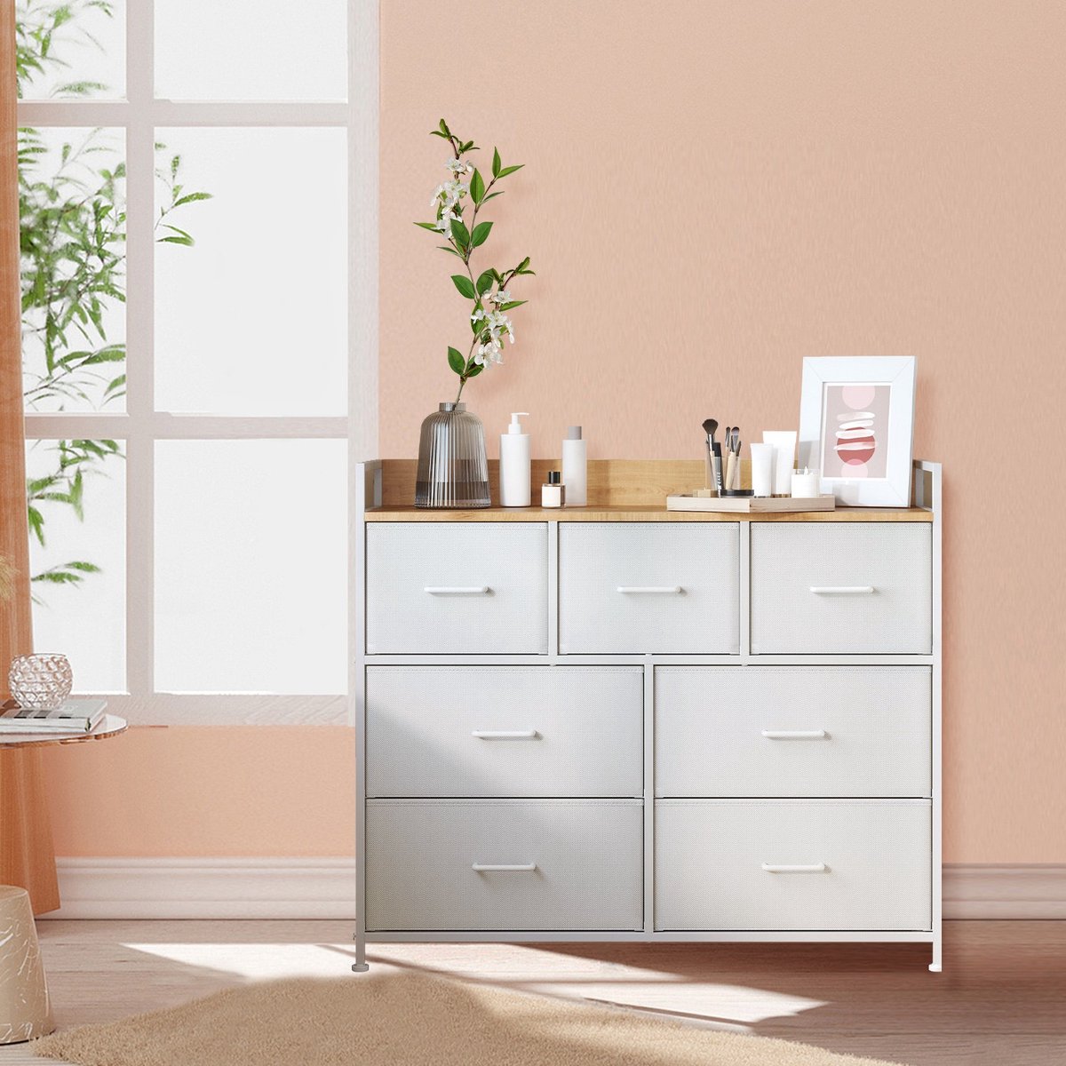Dressoirkast – Metalen frame – Duifgrijs en wolkenwit – 7 stoffen lades