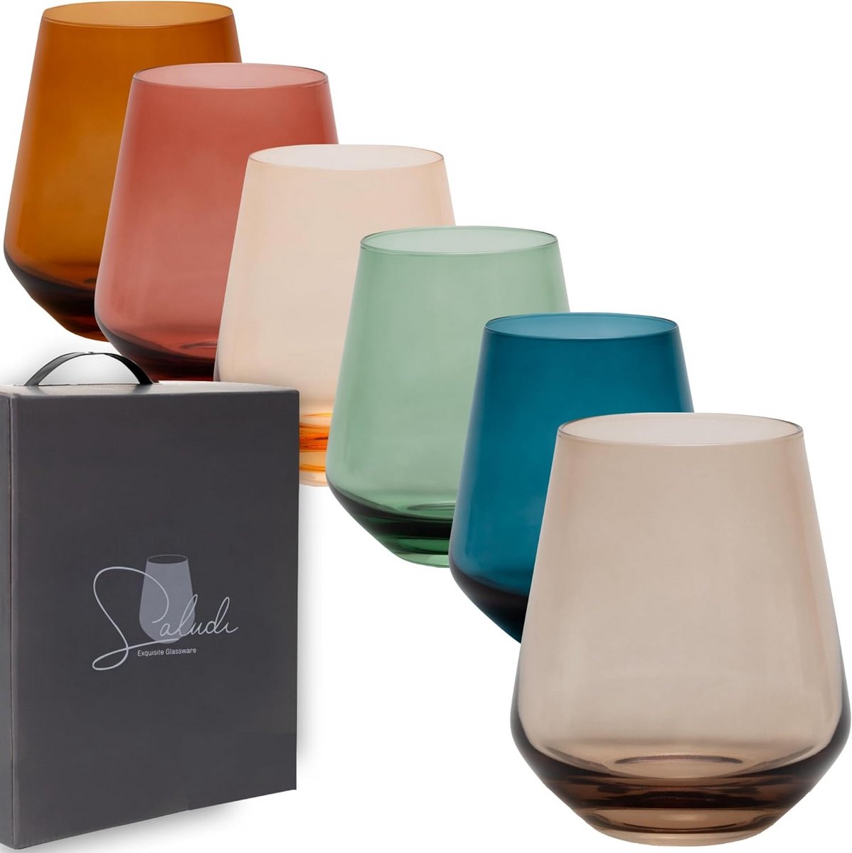 Set van 6 Gekleurde Stengelloze Wijnglazen - Luxe en Duurzaam Glaswerk