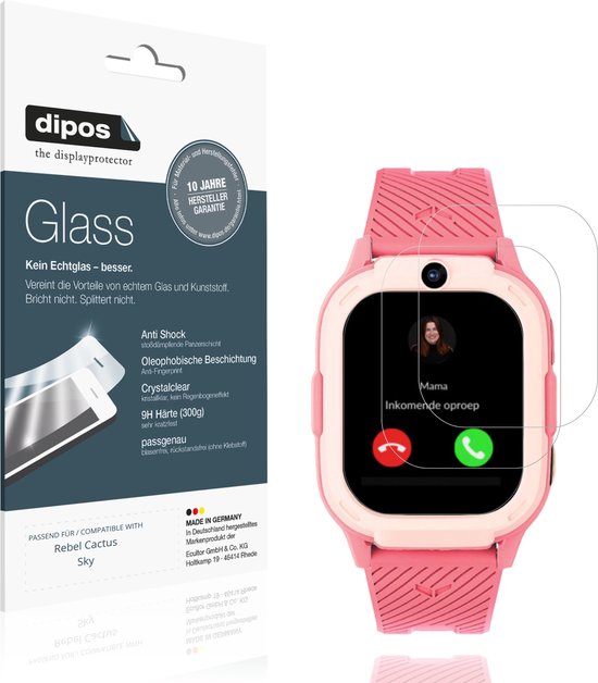 Roze smartwatch met een screenprotector van glas, 'Made in Germany'.