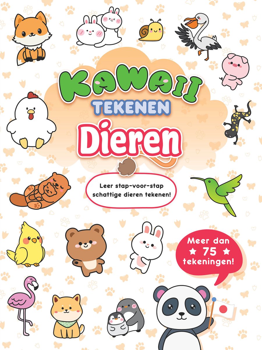 Boekomslag Kawaii Tekenen Dieren met een panda, een vos, een kip, een konijn, een lama, een eend, een hond, een flamingo, een beer, een kolibrie, een salamander, een varken, een pelikaan, een slak en een kuiken.