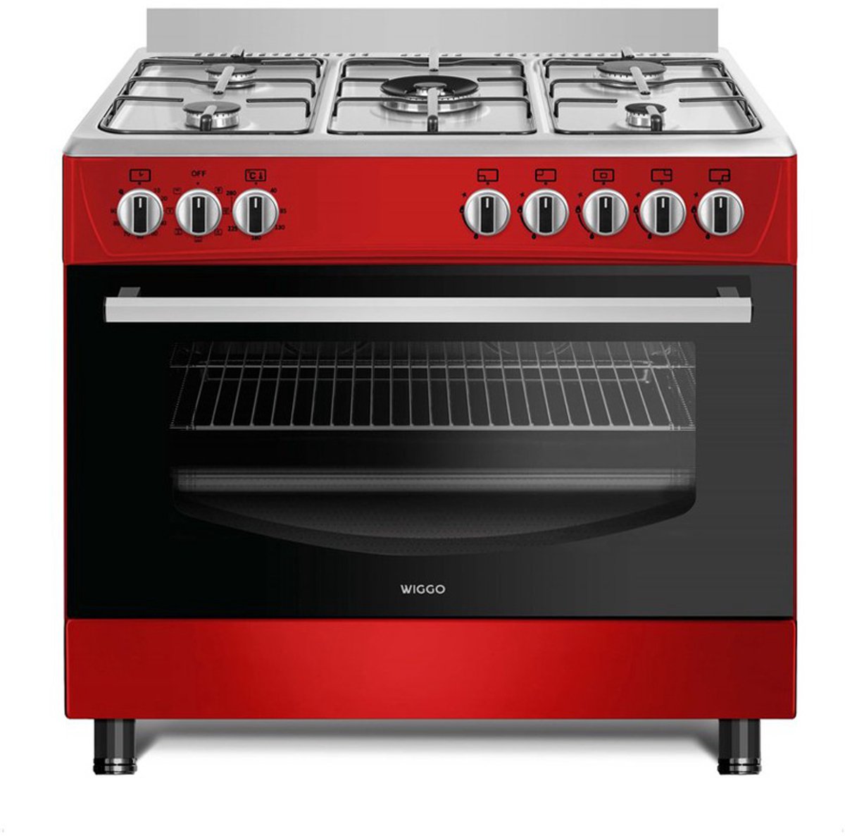 Wiggo WO-E906B(RX) - Vrijstaand - Gasfornuis - 90 cm - 110 Liter - 5 pitten - Energieklasse A - 5 jaar garantie - Rood