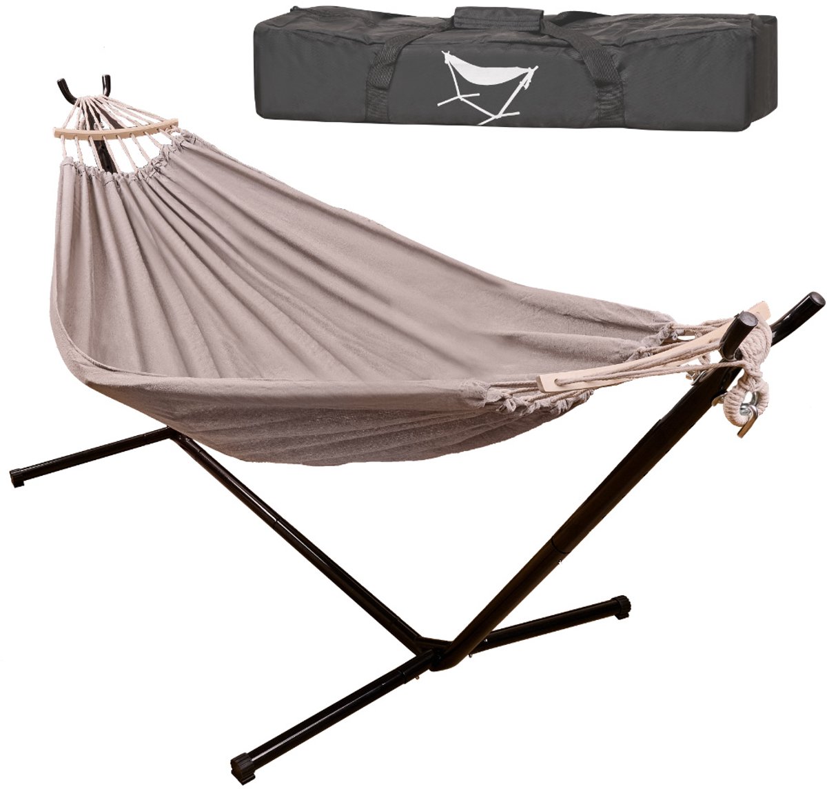MOZY® - Tweepersoons Hangmat - met Standaard - tot 150 kg - Inclusief Draagtas - Taupe - Tuinhangmat