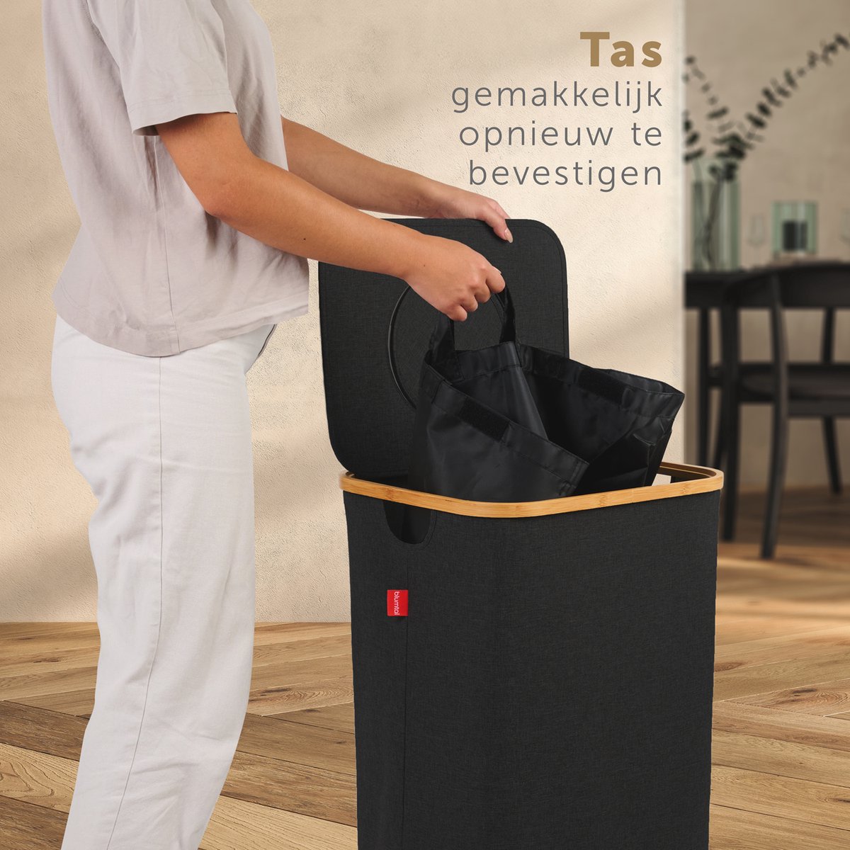 Blumtal statiegeldfles-inzamelcontainer 100L - bamboe statiegeldflessenorganizer met statiegeldflessenzak - statiegeldflessencontainer - lege opvangbak met gat - statiegeldflessenopslag in beige