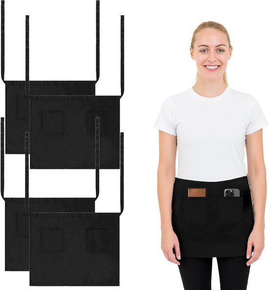 Quatre demi-tabliers noirs et une femme portant un tablier noir avec un téléphone et un portefeuille dans les poches.