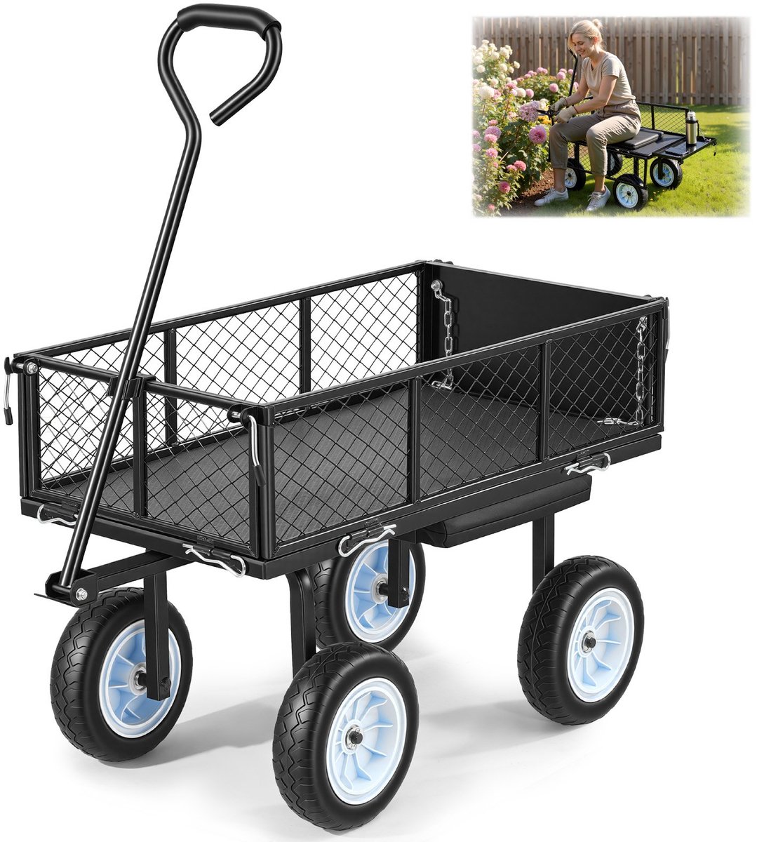 Tuinwagen met zitje - Tuinkar - 226,8 kg Draagvermogen - PU-wielen - Verstelbare Handgreep - Gereedschapsbak - Zwart