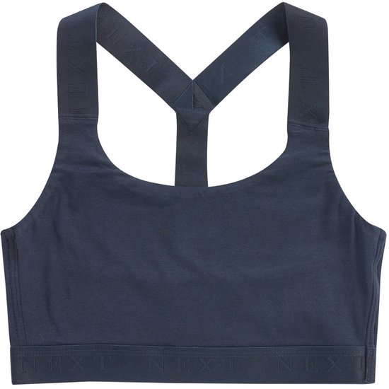 Donkerblauwe sporttop met racerback en logo op de bandjes en onderband.