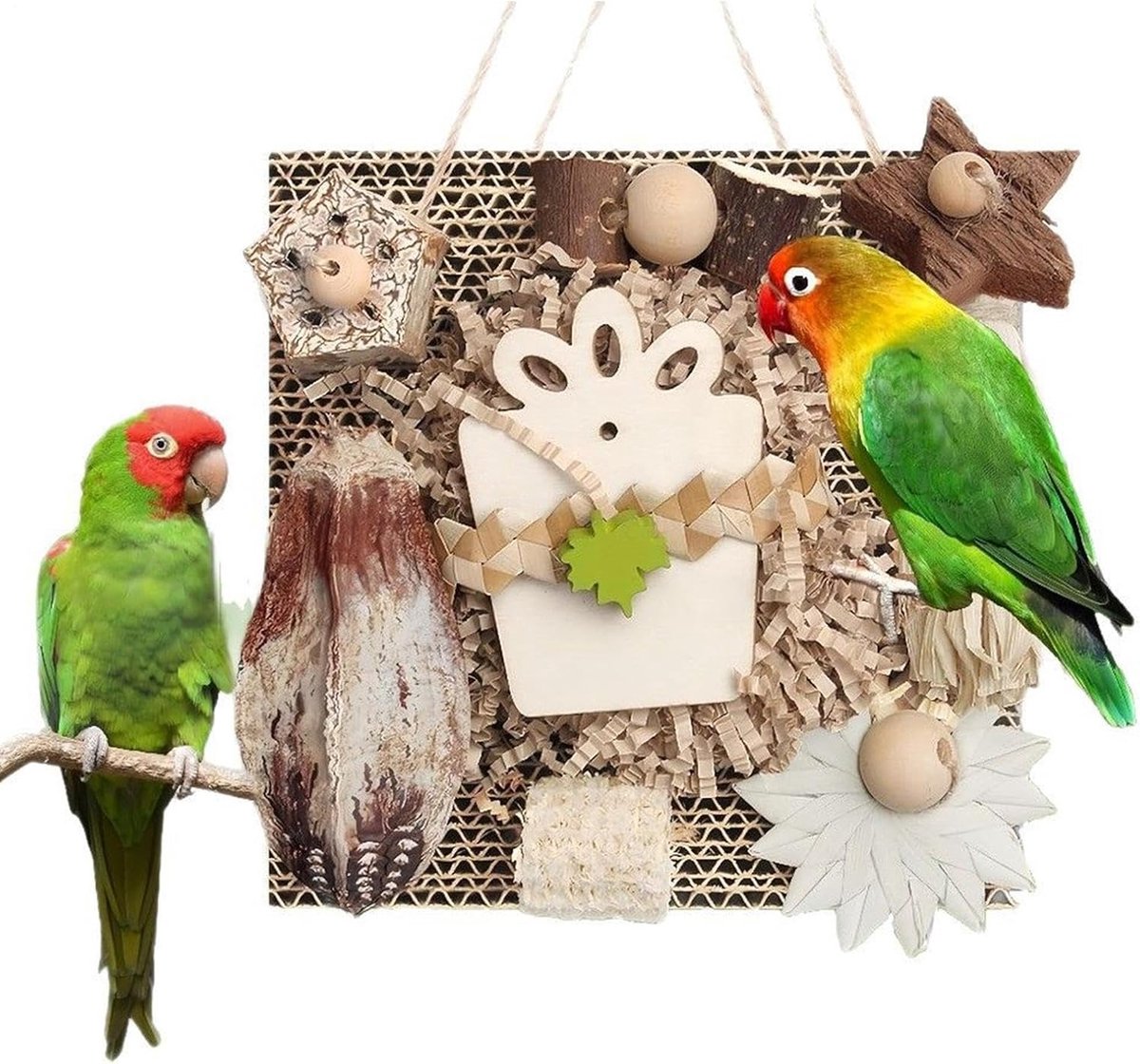 Vogelspeelgoed Papegaai - Houten Knabbelspeelgoed - Verrijking Kooien - Natuurlijke Materialen - 15x15x4 cm