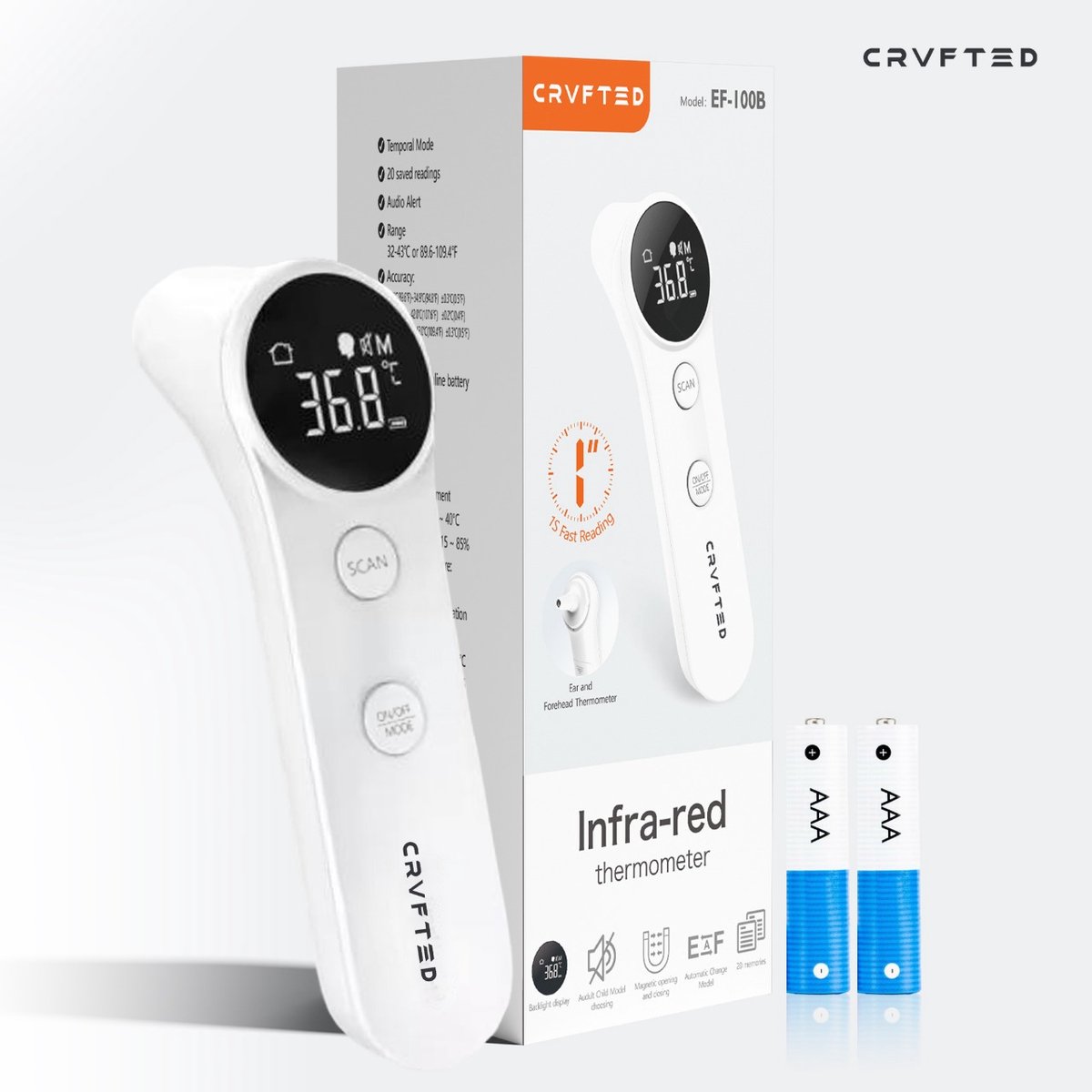 CRVFTED Digitale Oorthermometer & Voorhoofdthermometer - Infrarood - Oor & Voorhoofd - EF-100B