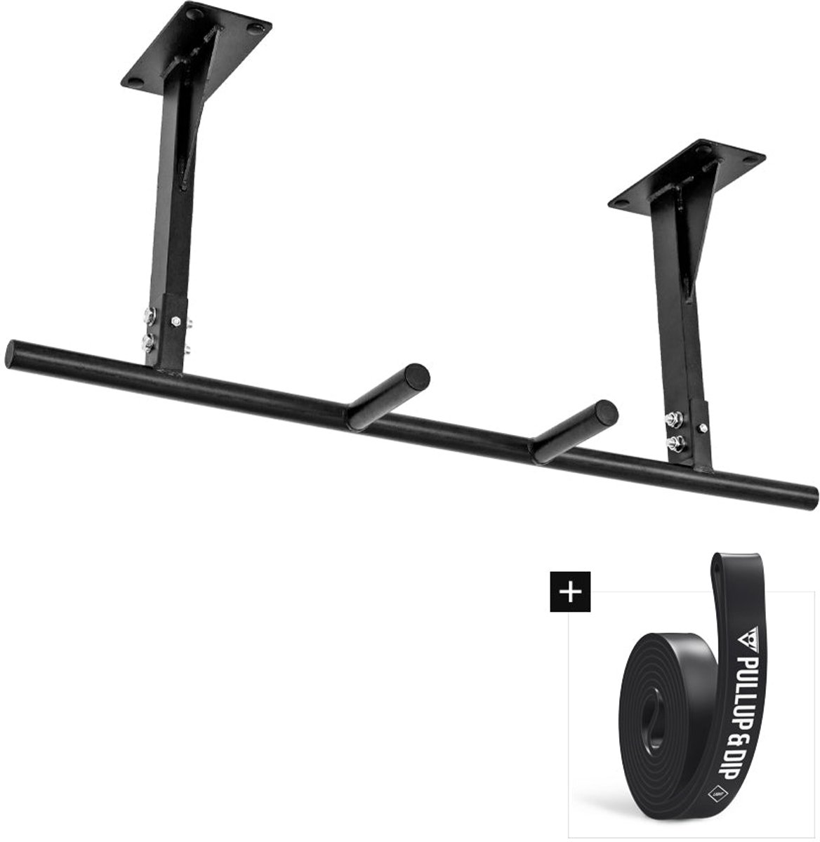 PULLUP & DIP Steel - Optrekstang Plafondmontage - 5 Verschillende Gripposities - Belastbaar tot 180 kg - Inclusief Pull-up Band
