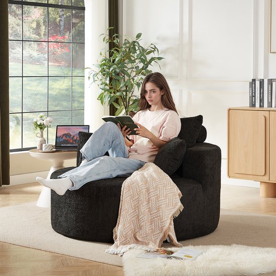 Fauteuil Van Chenillestof, Hoge Dichtheid Schuim, Geen Montage Nodig, Zacht Comfortabel Relaxfauteuil, Moderne Slaapstoel, Eenpersoons Zitstoel, Ruimtebesparend, Voor Woonkamer, Slaapkamer, Lounge En Showroom-Zwart