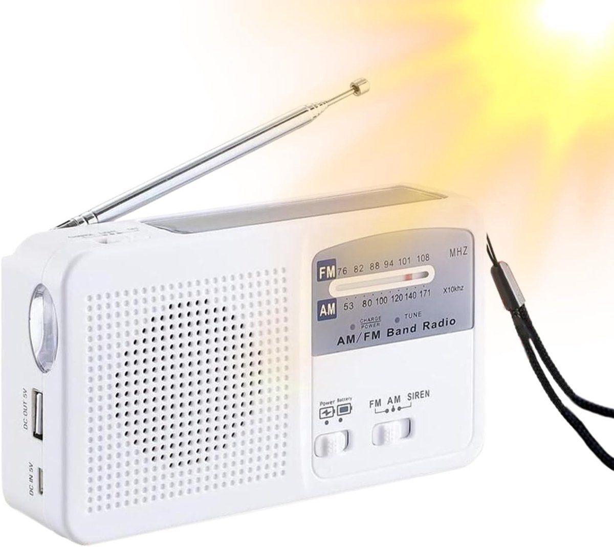 Draagbare Radio - Zonne-energie Ontvanger - Kamperen Thuis - Met Zaklamp - Compact Formaat - Wit