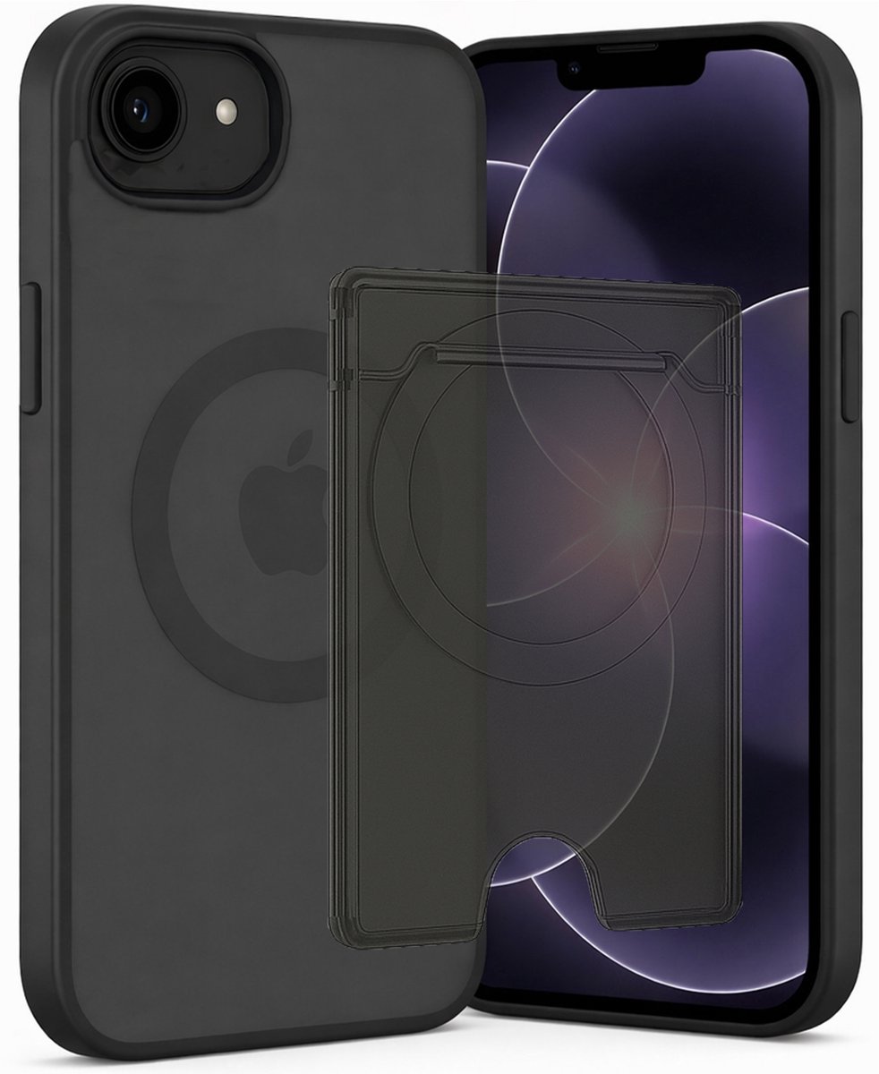 SnapSkin Hoesje & Pasjeshouder geschikt voor iPhone 17e - Geschikt voor MagSafe Case - Magnetische Kaarthouder - Semi-Transparant Zwart
