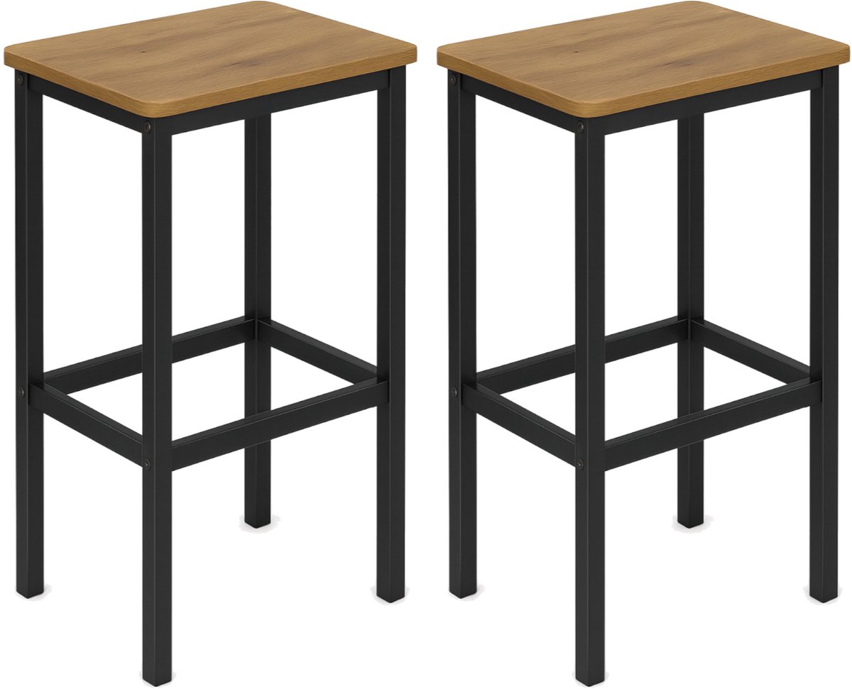 BEGRYF Set van 2 Barkrukken - Elzenkleur - Rechthoekige Zitting - Met Voetsteun - 40x30x65 cm - Industrieel Design - Houtlook Zitting