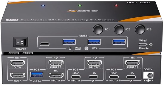 KVM Switch - Multi Computer Switch - Dual Monitor Bediening - 100W PD ...