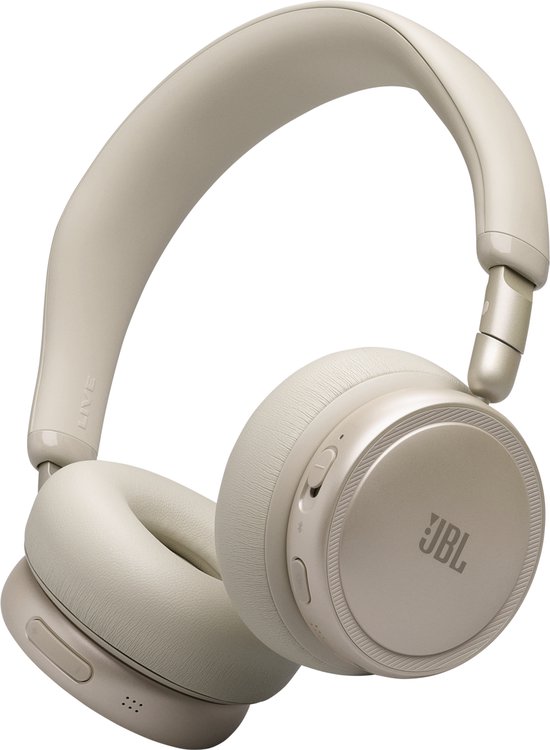 Beige JBL koptelefoon in een gedraaide positie, met knoppen zichtbaar op de oorschelp.