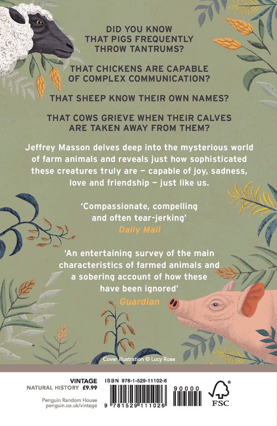 Boekcover met een schaap, varken en tekst over boerderijdieren. Illustratie van planten.