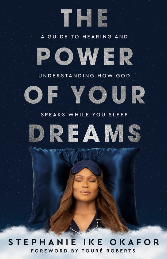 Couverture de livre avec une femme endormie portant un masque de sommeil, sur un oreiller bleu satiné, intitulé 'The Power of Your Dreams'.