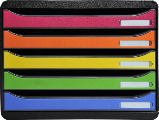 Zwart ladeblok met 5 gekleurde ladefronten: roze, oranje, geel, groen, blauw.