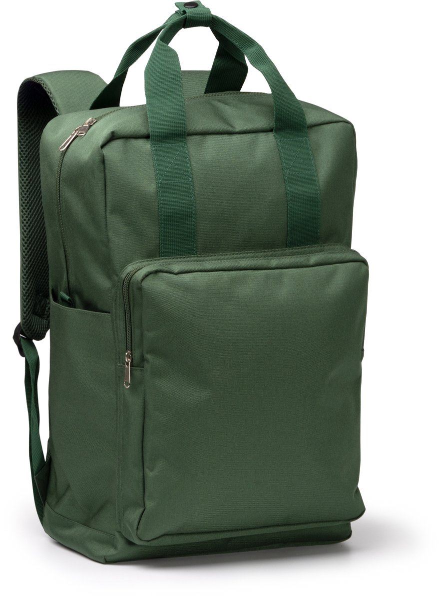 Donker groene rugzak gerecycled polyester hoofdvak met laptopvak, apart vak voorzijde en flesvak
