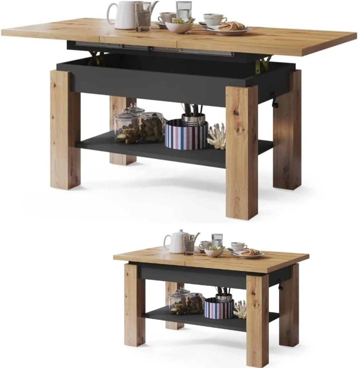 Salontafel met Opbergruimte 72 x 50 x 50 cm – Compacte Witte Koffietafel met 2 Niveaus – Moderne Houten Banktafel voor Woonkamer & Slaapkamer – eiken – Pauwhome