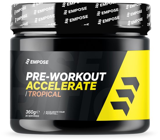 Zwarte pot met 'EMPOSE PRE-WORKOUT ACCELERATE / TROPICAL' in witte en gele letters. 360g.