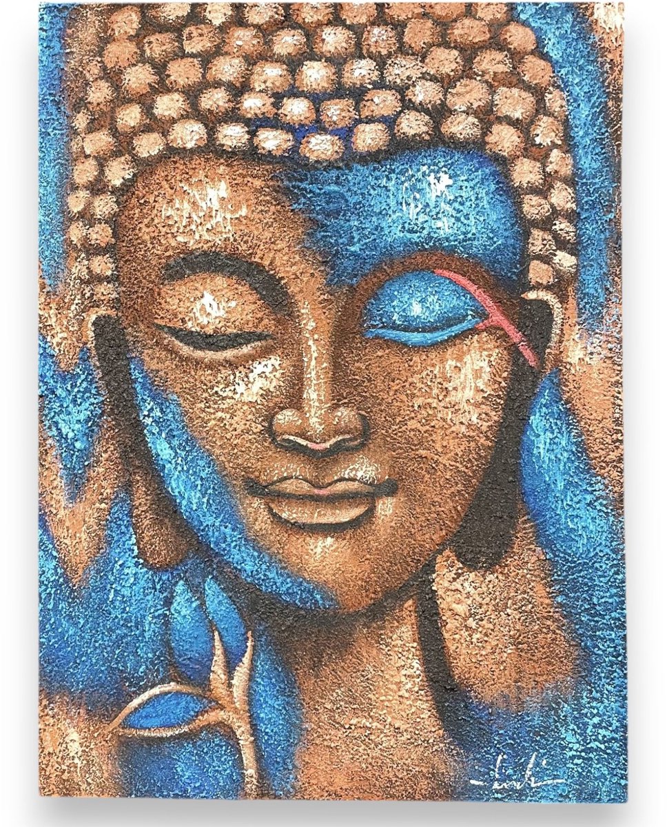 Boeddha-schilderij - Brons & Blauwe Bloem 75x55cm