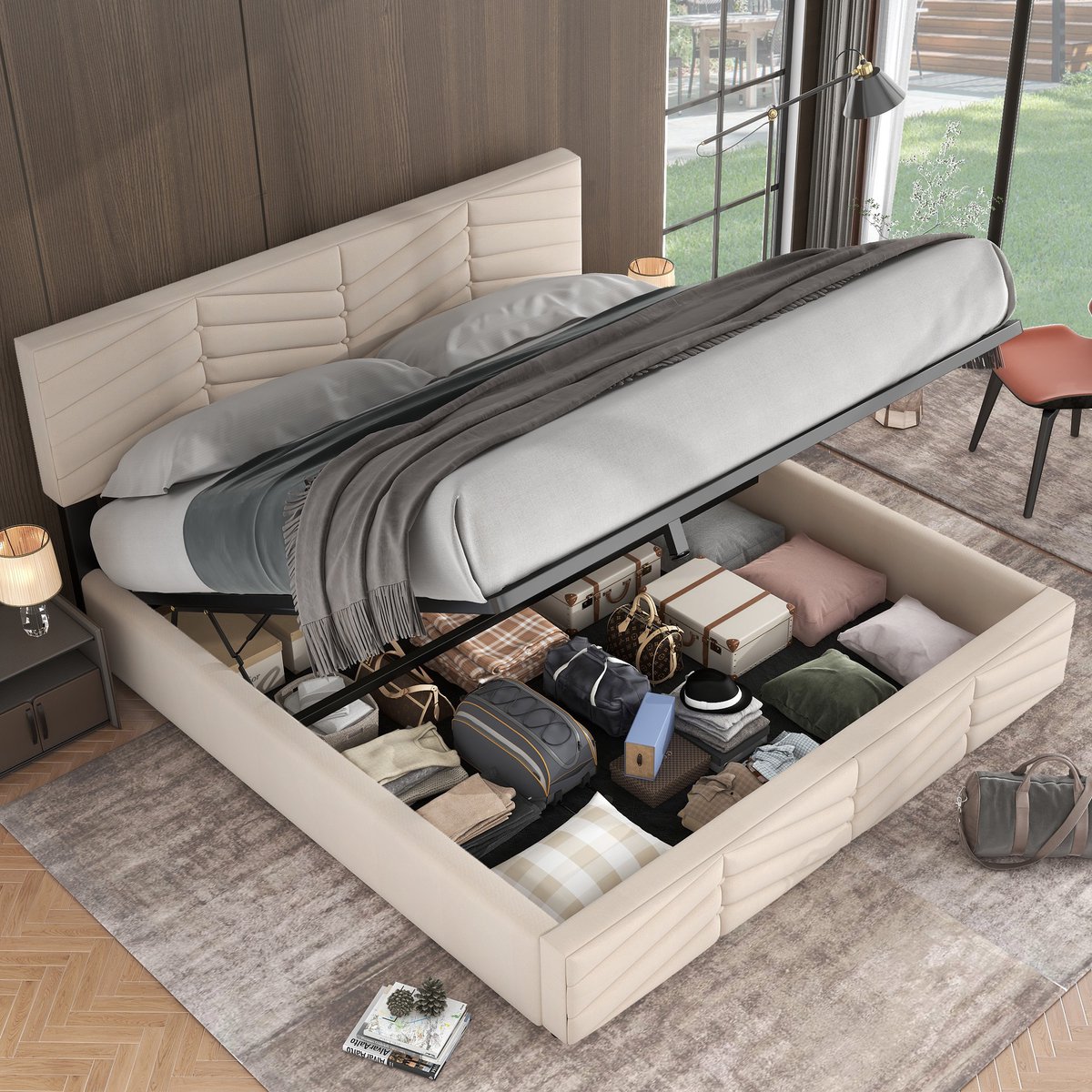MIVRAY Gestoffeerd Bed 180x200cm - Bed Met Hydraulische Opbergruimte - Verstelbaar Hoofdbord - Fluweel - Beige - Zonder matras
