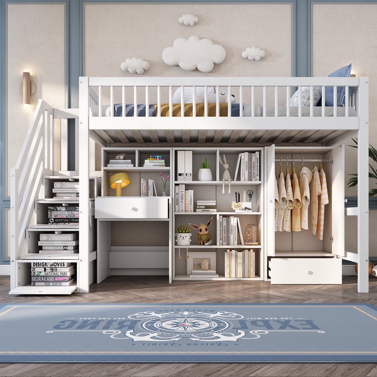 REDOM Hoogslaper – 90x200 cm – Met trap, bureau, lades, kasten & kledingkast – Massief hout & MDF – Wit