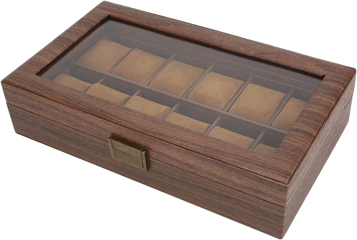 12 Compartiment Luxe Horloge Opbergdoos van Houtnerf met Ultra PU Leren Interieur - Stijlvol en Praktisch - Horloge Organizer en Display Case