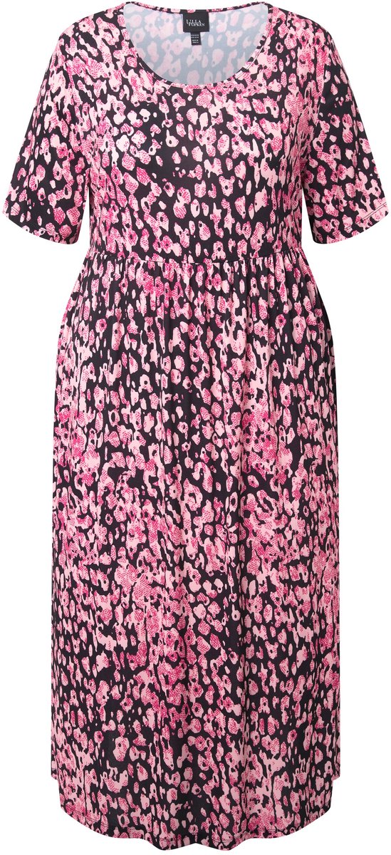 Ulla Popken Dames - Maxi-jurk luipaardmotief A-lijn ronde hals korte mouwen - Roze - Maat 66+