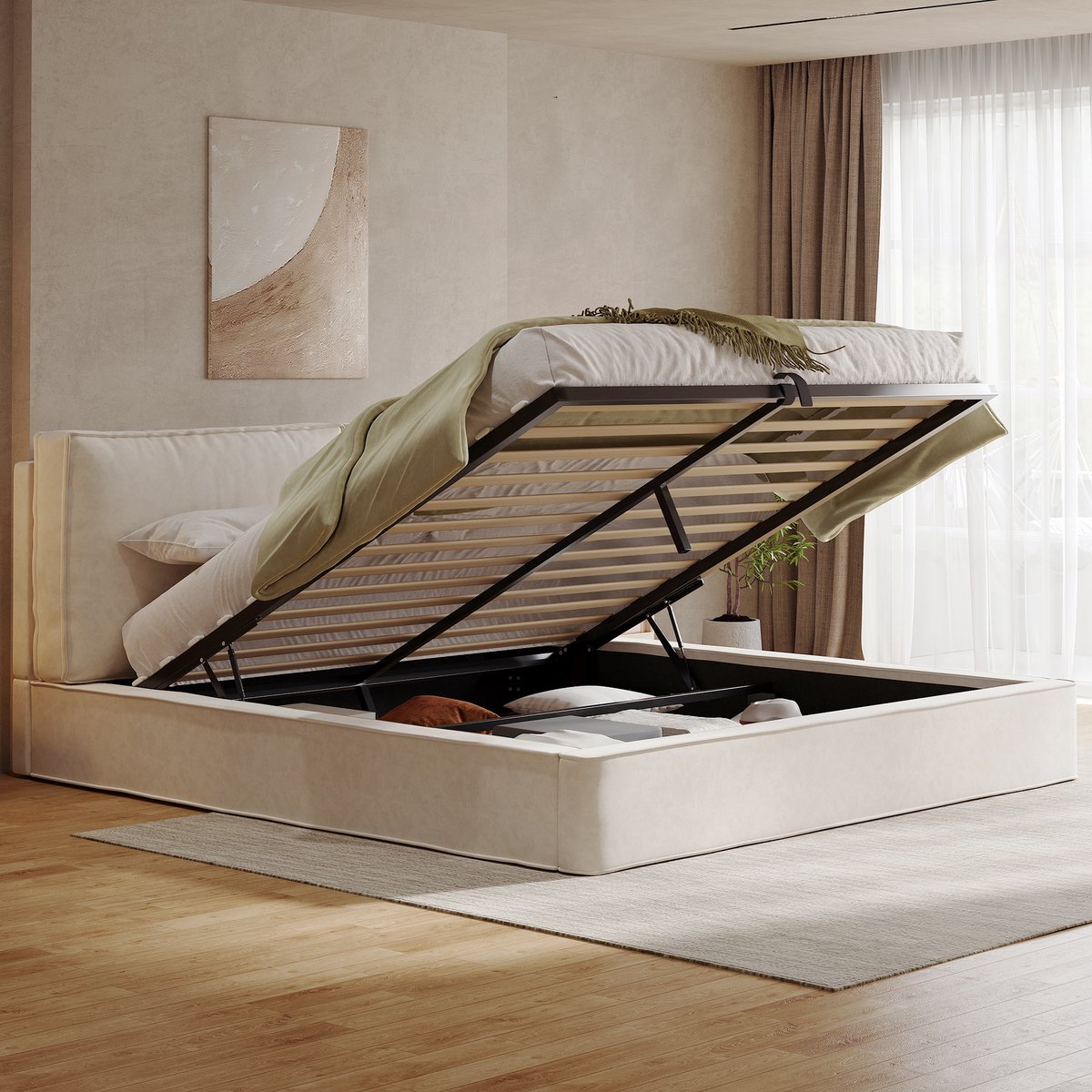 HAUSS SPOLE Gestoffeerd Bed 180x200cm - Met Hydraulische Opbergruimte En Lattenbodem - Hoog Hoofdbord 105cm - Zonder Matras - Chenille - Beige