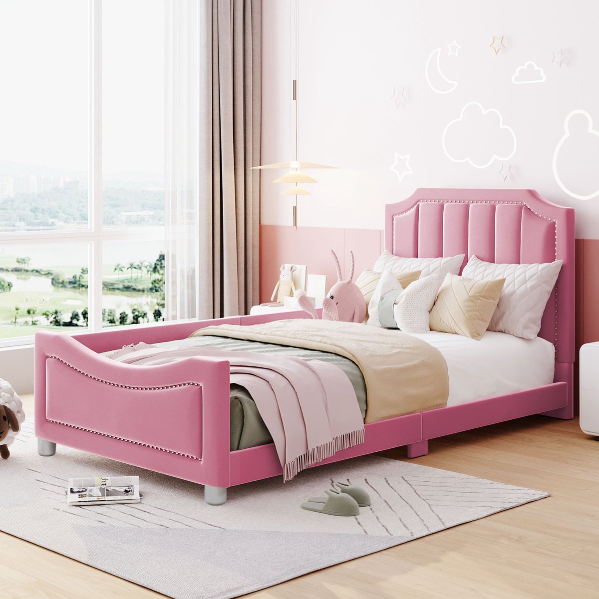 HAUSS SPOLE Kinderbed 90x200cm - Polsterbed Met Rugleuning En Armleuning - Zonder matras - Als Slaapbank Te Gebruiken - Flanel - Roze Grijs