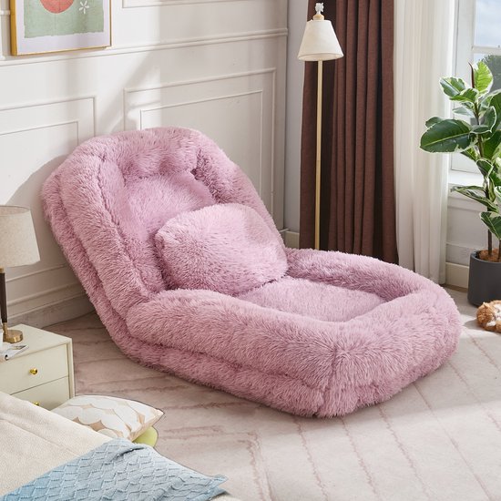HAUSS SPOLE Chaise de sol - Dossier réglable sur 5 positions - Transformable en lit de repos pour le jeu et la détente - Polyester pelucheux rose