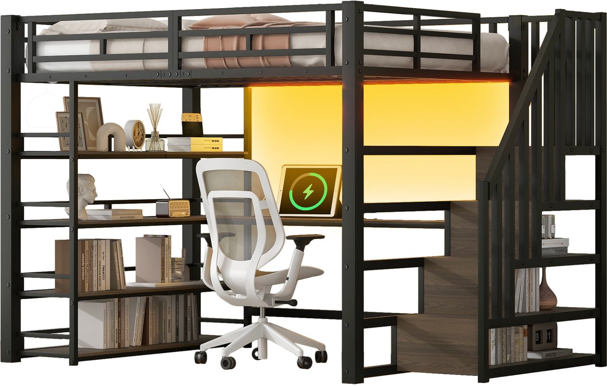 REDOM Hoogslaper – 140x200 cm – Met Trap – Met Bureau & Opbergvakken – LED-verlichting – Metaal – Zwart