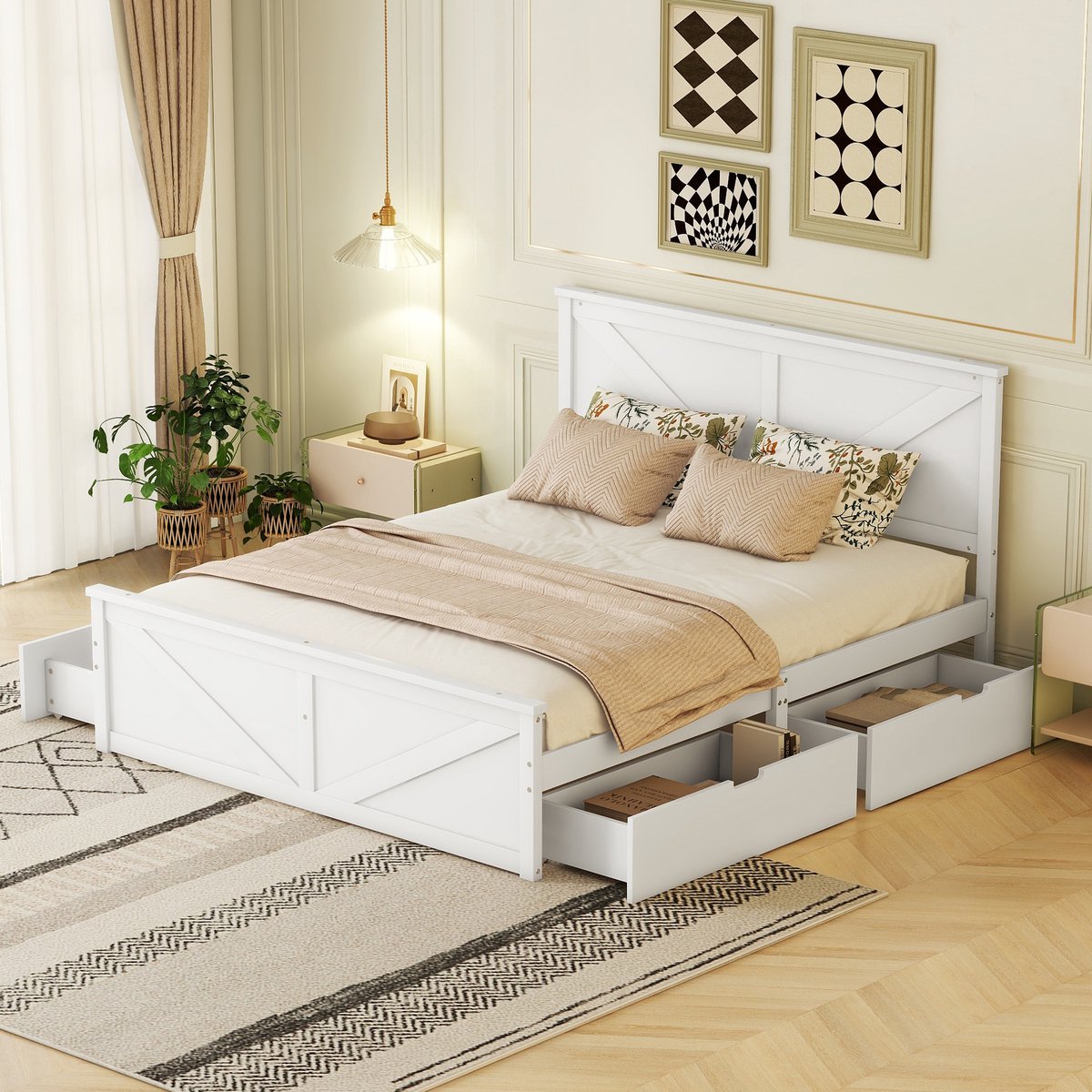 MODFU Bedframe 160x200 cm – Met 4 uitneembare opberglades – Grenenhout – Wit