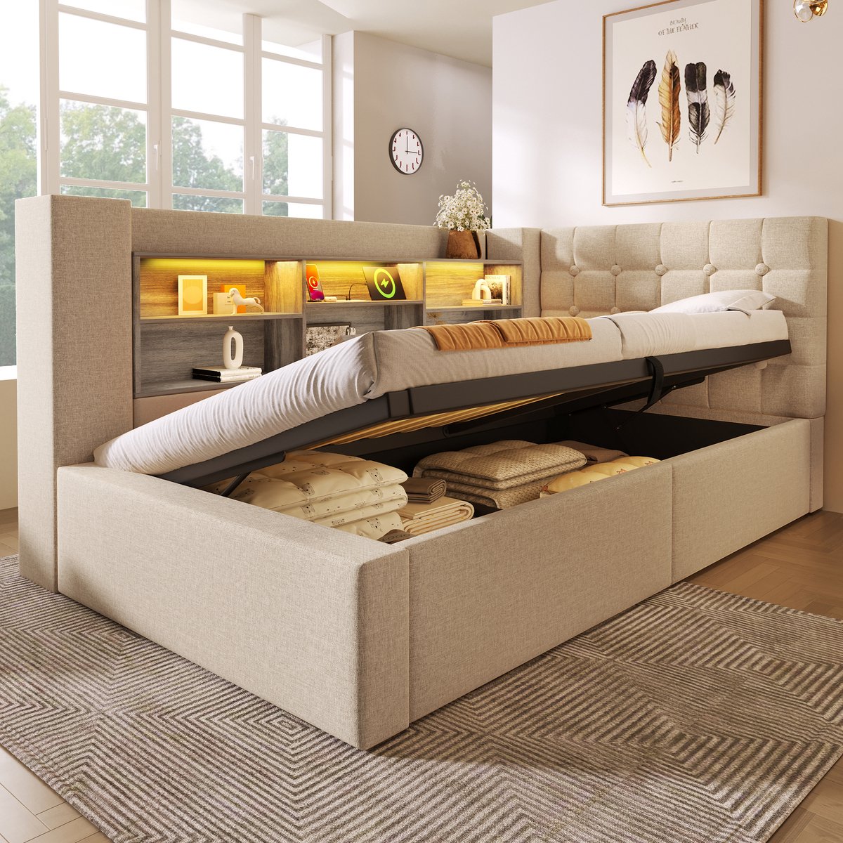 MODFU Bedframe 90x200 cm – Met L-vormig hoofdbord (links/rechts), LED & hydraulisch – Beige linnen