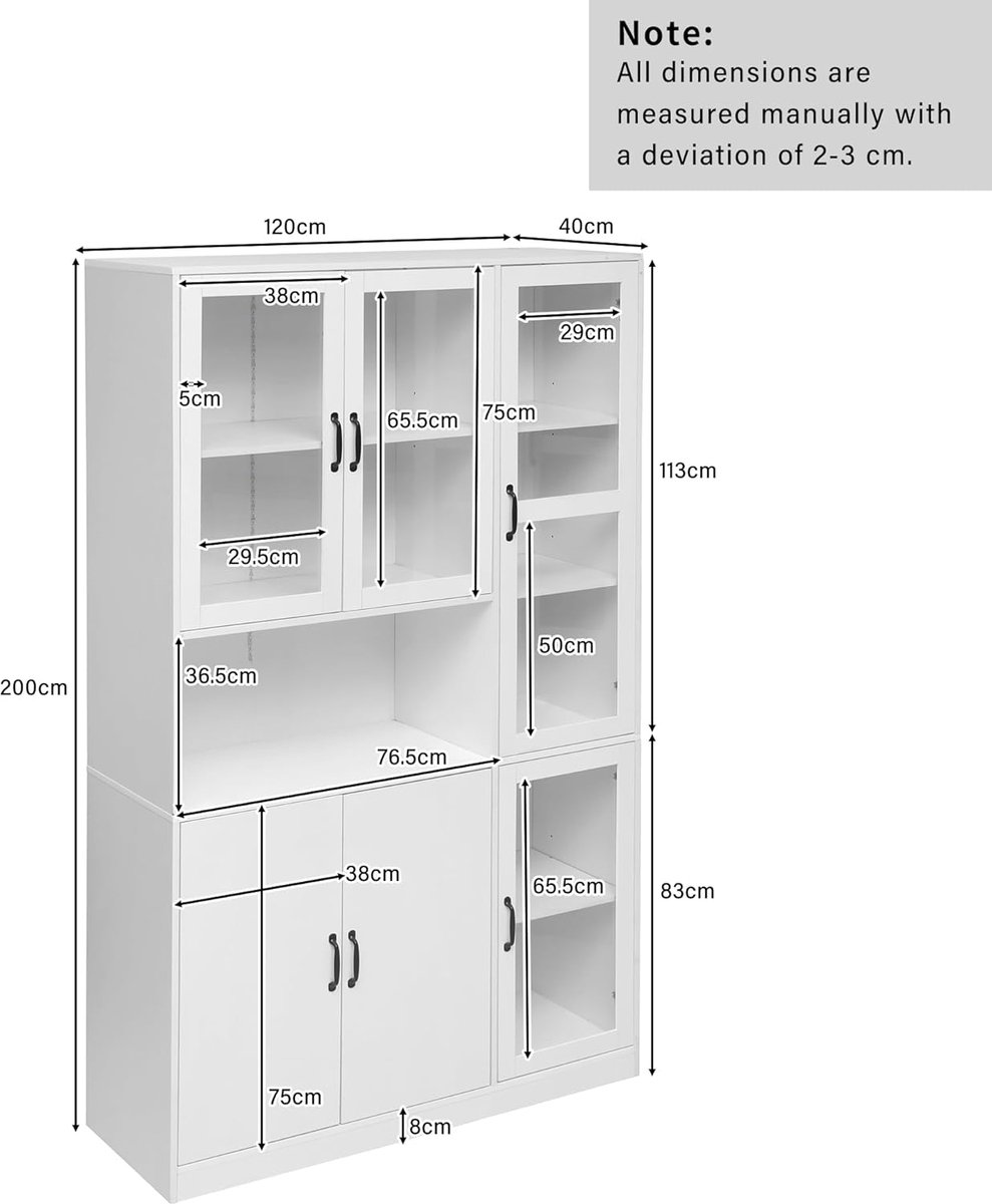 Vitrinekast met LED Verlichting 120x40x200 cm – Casa Velluto Lumina Grande – Witte Boekenkast met Deuren en 9 Planken – Luxe Voorraadkast / Buffetkast / Opbergkast voor Woonkamer en Keuken