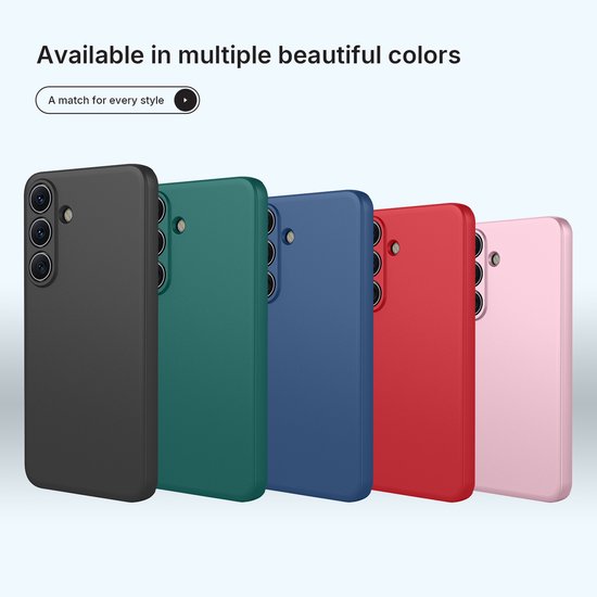 Five phone cases in black, green, blue, red, and pink.