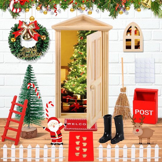 Foto: 34 delige miniaturen kerstkabouterdeur set elfendeur accessoires met hek kerstboom en tapijt decoratie