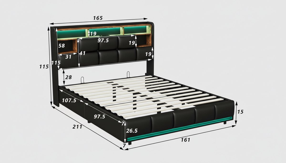 Opbergbed 160x200 cm – Casa Velluto Noir Prestige Luxe Tweepersoonsbed met LED Verlichting, USB-Aansluiting, Hydraulische Opbergruimte, Gestoffeerd Hoofdbord & Voeteneinde, Lattenbodem – Zwart PU Leer