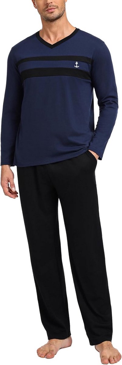 Comfortabele Katoenen Pyjama Set Heren Lange Mouwen en Lange Broek V-hals Nachtkleding