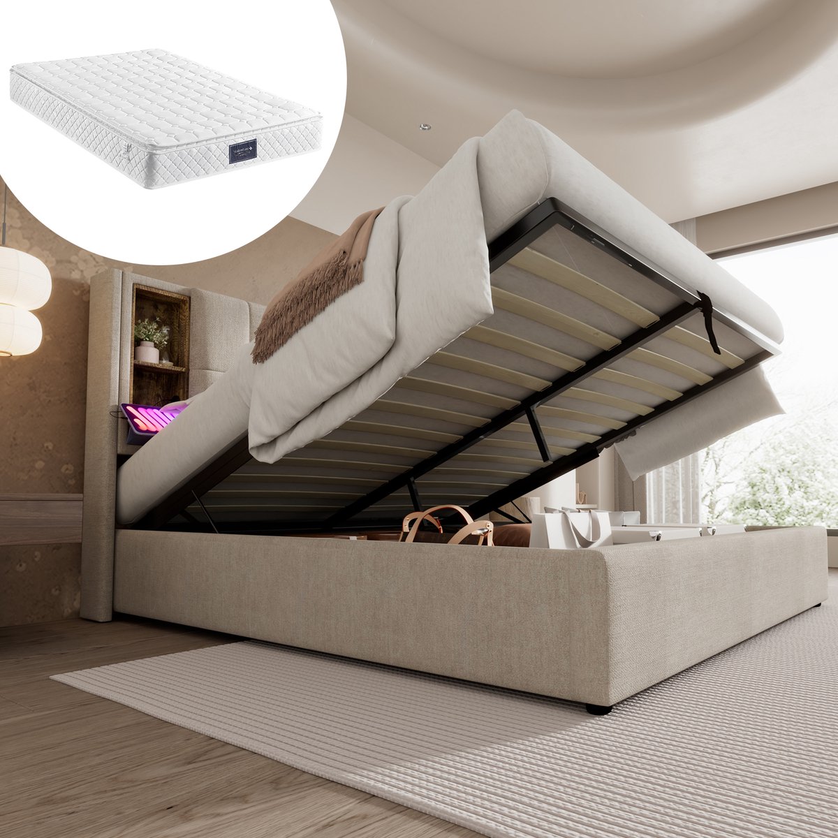 FloraGrace Gestoffeerd Bed 160x200cm - Draadloos Opladen Met Usb En Type C - Gasveer Opbergruimte - Met Matras - Linnen - Natuurlijk