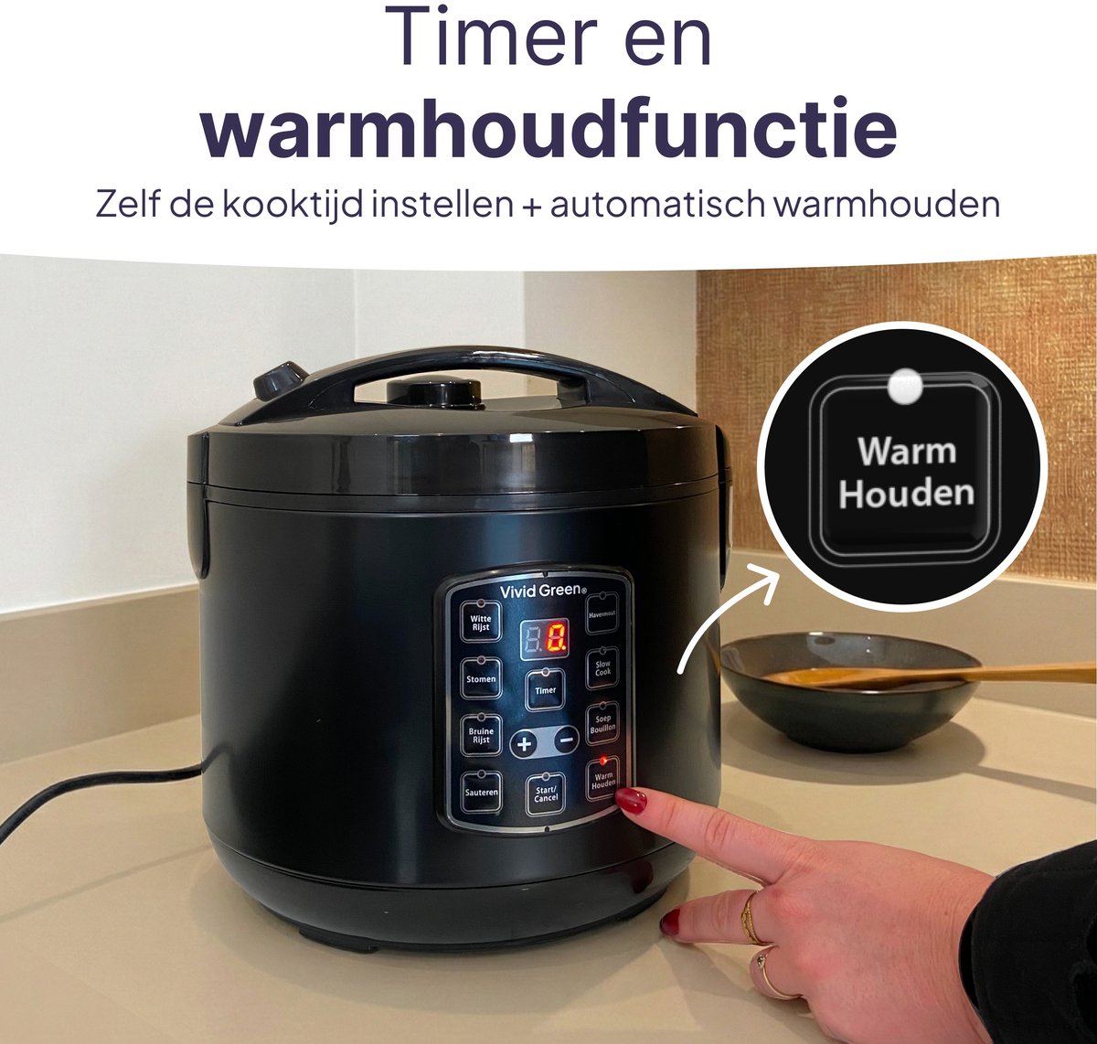 Rijstkoker met Stomer - 1.8L - Slowcooker met Timer - 10 Porties - Multicooker - Rice Cooker - Zwart - Vivid Green – foto 4