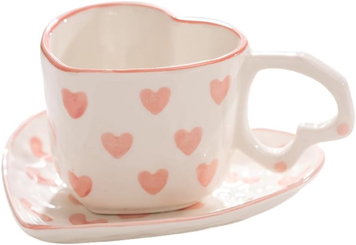 Set van Hartvormige Keramische Koffiemokken met Schotel en Bord - Roze