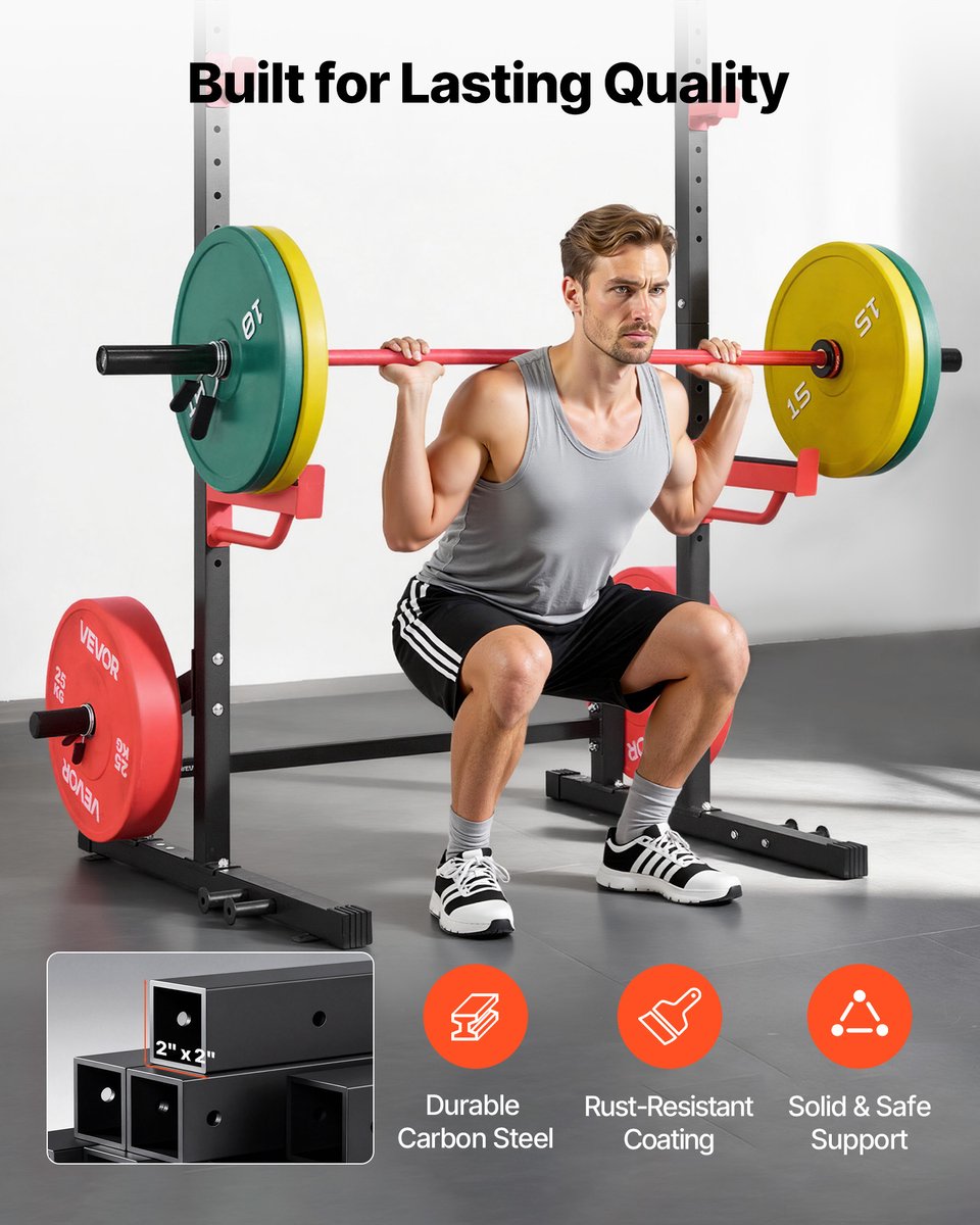 VEVOR Power Cage Squat Rack, 454 KG Draagvermogen, Multifunctioneel Krachtrek voor Thuisgym met 4 Bandhouders, Verstelbare J-Haak en Veiligheidsstangen voor Pull-Ups met Halterstang. thumbnail 3
