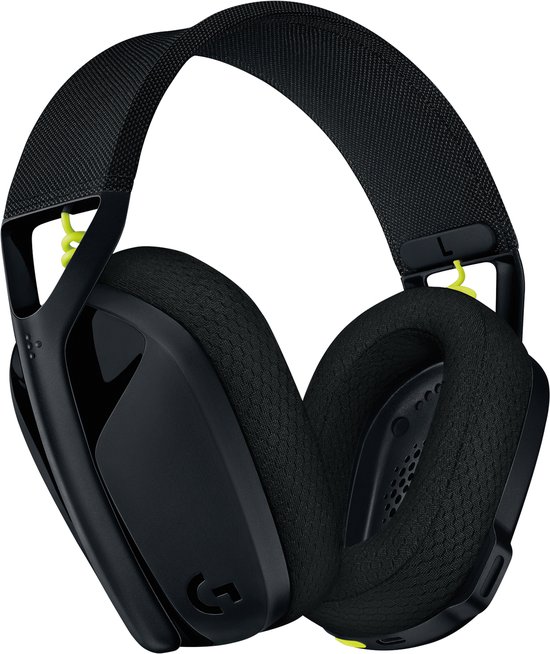 Casque de jeu noir avec bandeau et oreillettes en tissu, accents jaunes, logo Logitech G.