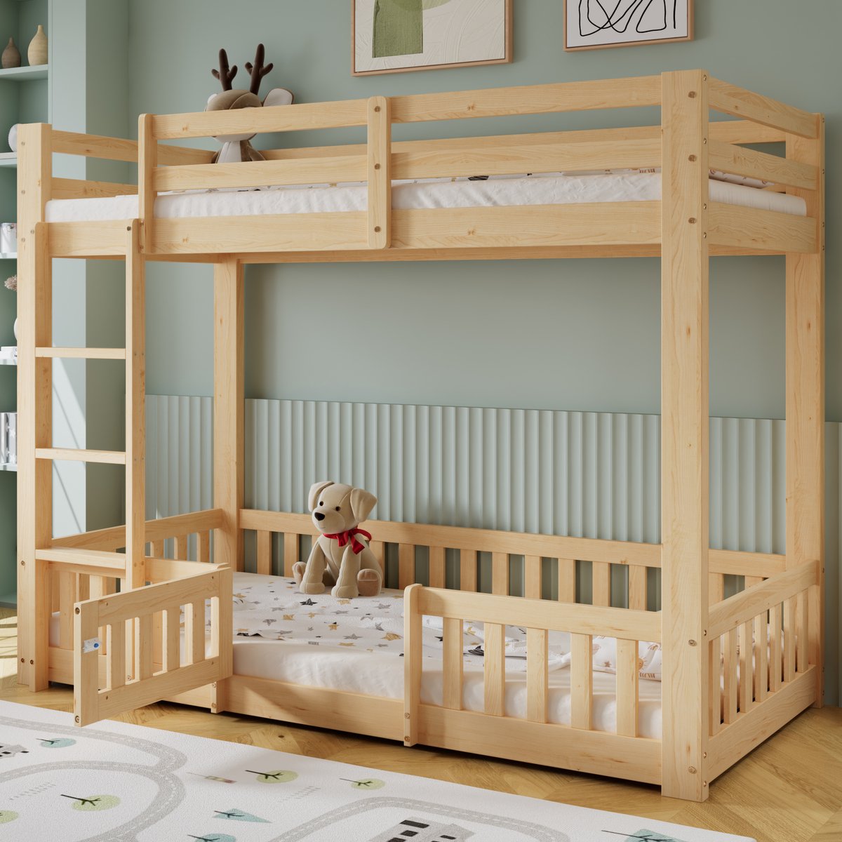 MODFU Stapelbed 90x200 cm – Huisjesdesign met trap, deurtje & hekwerk – Massief grenenhout